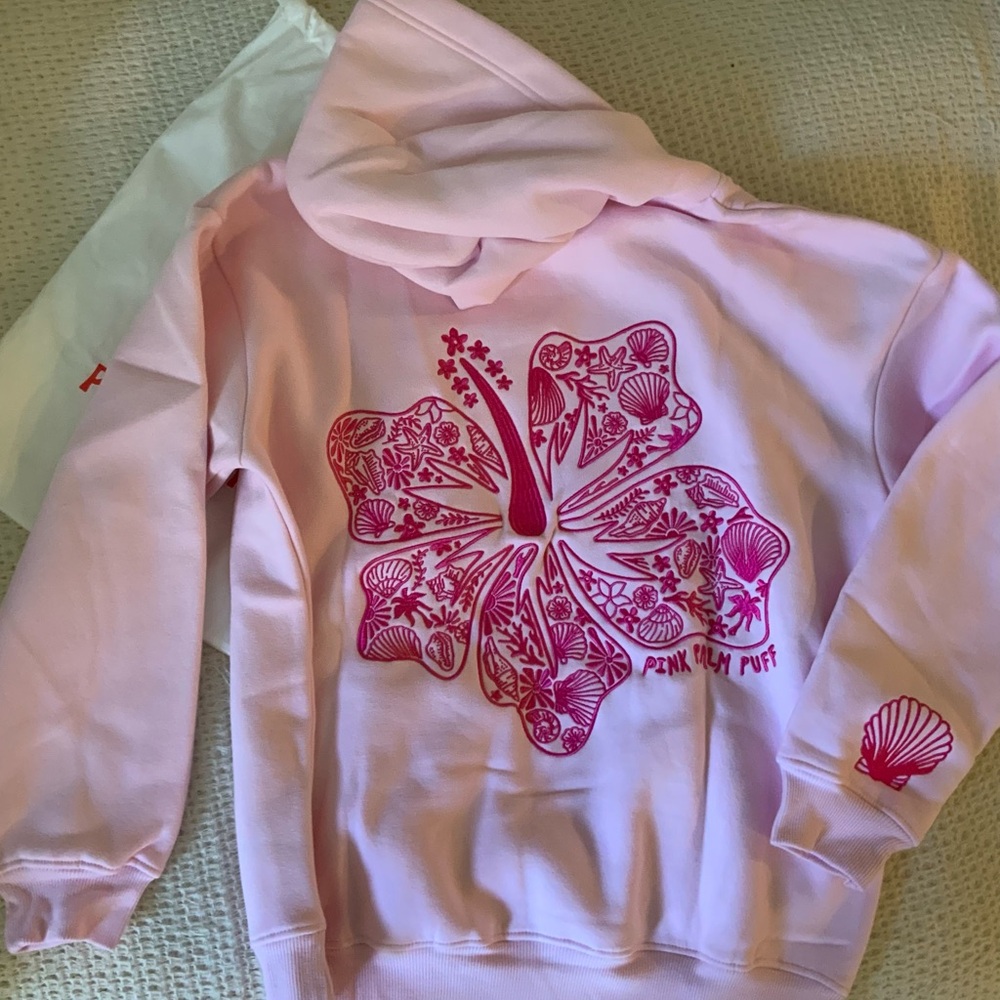Pink Palm Puff Hawaii Hibiscus Pink Flower Embroidered Logo Hoodie Medium New